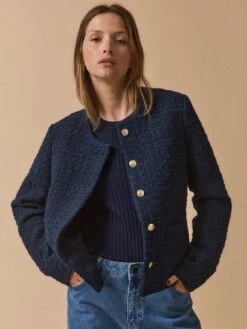 Veste Sans Col Tweed Uni Femme