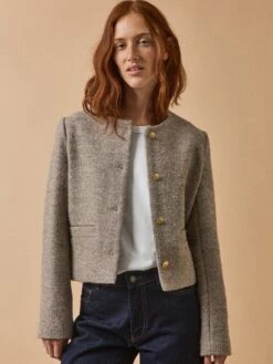 Veste Sans Col Tweed Irisé Femme