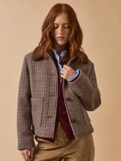 Manteau Court Lainage Carreaux Fourré Femme